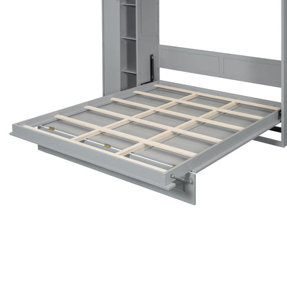 Ball & Cast Murphy Bed Queen Size Wall Chest with Shelves and 4 Drawers,Wood Hideaway Cabinet Platform Bedframe w/LED Lights,can be Folded,Space-Saving,for Small Room,Dorms,Gray
