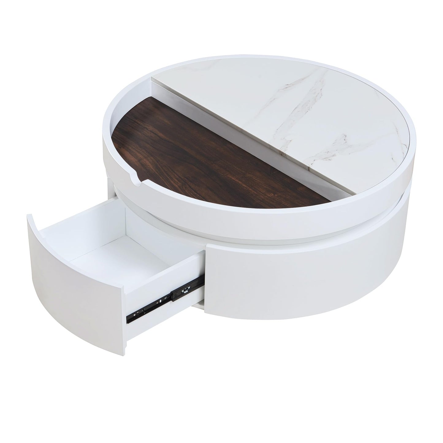 Merax 29.5" Lift-Top Round Coffee Table, with Hidden Storage & 1 Drawer, Marble and Wood Grain Dual-Tone Tabletop, Compact for Living Room Apartment, White