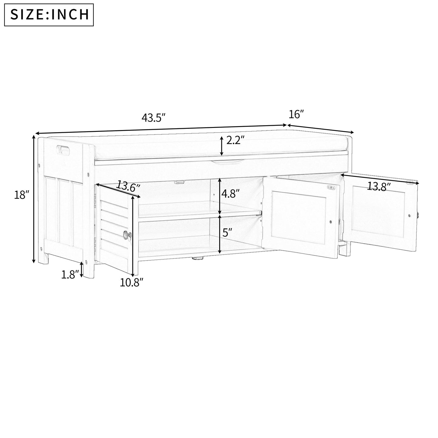 Jintop Wood Storage Bench 3 Shutter-Shaped Doors,Multifunction Shoebox,W/ 2 Size and Removable Cushion & Hidden Savings Space,for Entryway,Bedroom,Living Room,Espresso, 43.5"