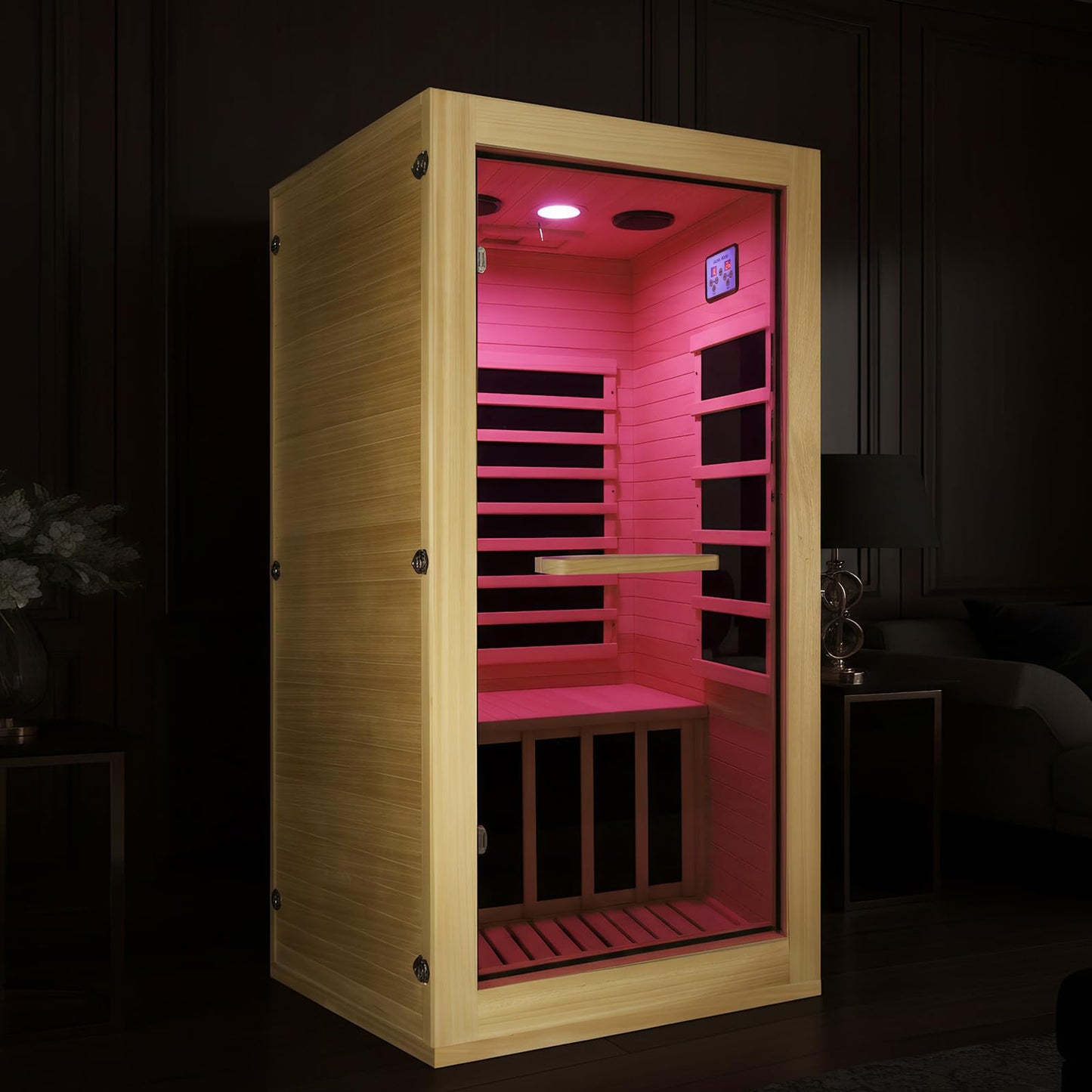 OUTEXER Infrared Sauna Room Indoor Saunas Home Obeche Wood 900W Low-EMF Dry Saunas Single Person Spa with 7 Color Light 32.3 * 28.3 * 61.4 inch