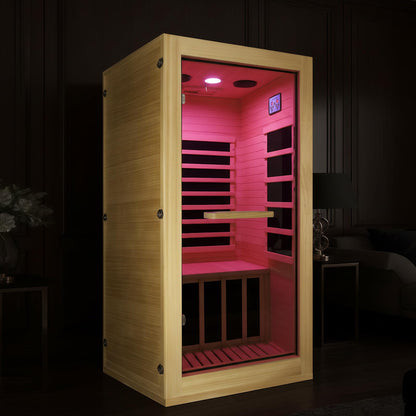 OUTEXER Infrared Sauna Room Indoor Saunas Home Obeche Wood 900W Low-EMF Dry Saunas Single Person Spa with 7 Color Light 32.3 * 28.3 * 61.4 inch