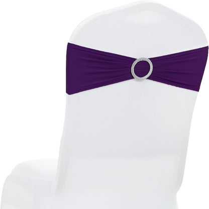 MDS Spandex Chair Sashes - Pack of 125 Elastic Stretch Bows with Buckle Slider for Wedding Decor - Purple