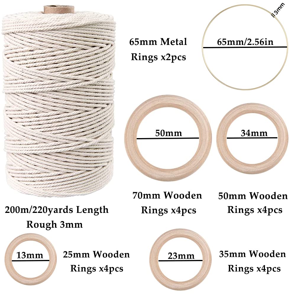 169pcs Macrame Kits for Beginners 3mm x 220yards Natural Cotton Macrame Cord Wall Hanging Kit, Best Macrame Supplies for Macrame Plant Hanger with Wooden Beads,Wooden Rings,Wooden Sticks,S Hooks