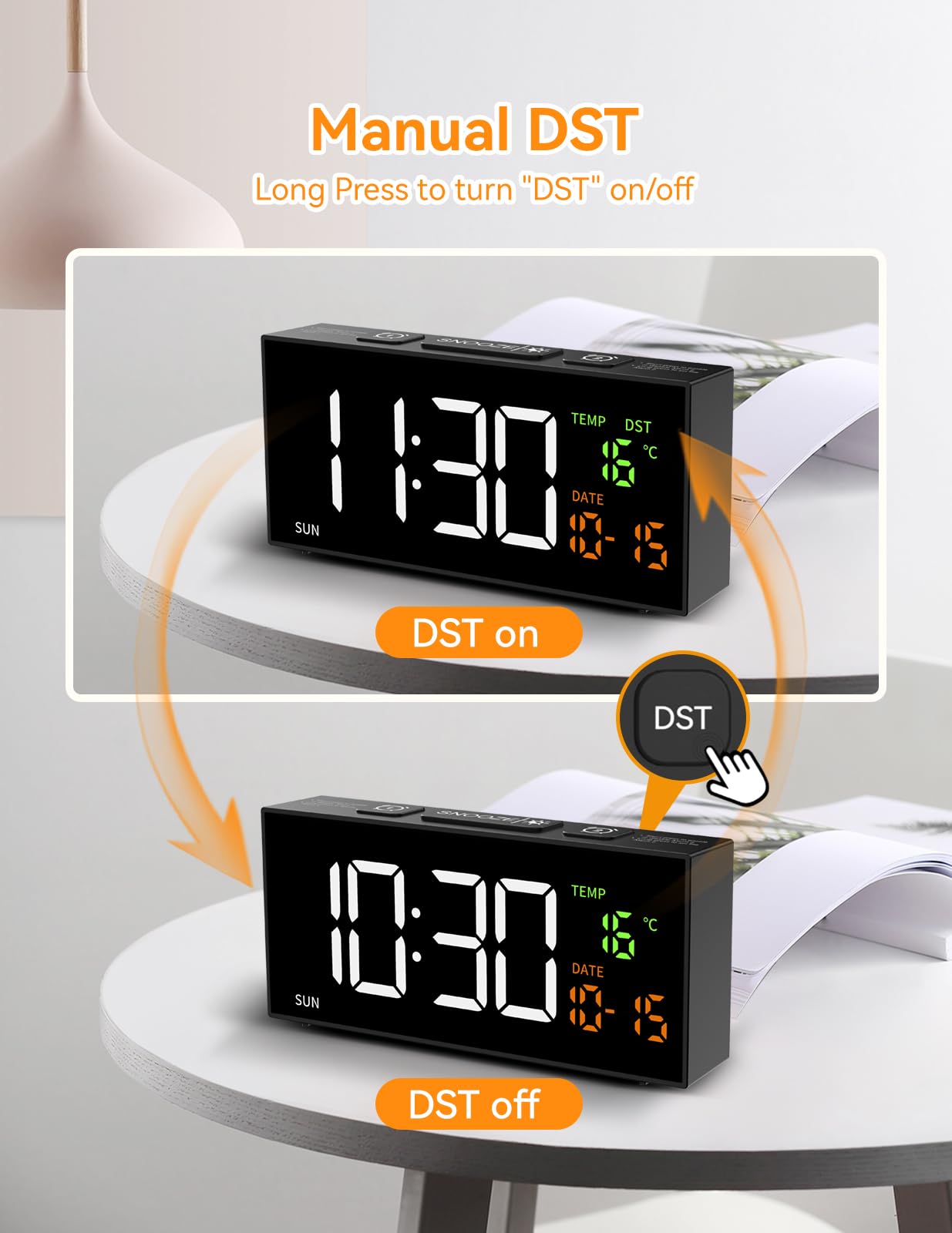 Netzu Alarm Clocks for Bedrooms, Digital Clock with Date Temperature and Weekday, Manual DST, Snooze, 2 Alarms, 4 Volumes for Living Room Home Bedside Desk (Black)