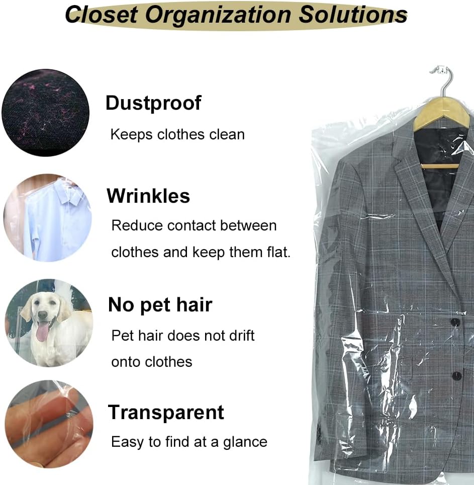 30 Pack Clear Plastic Clothes Covers, 35.4inch Dry Cleaning Dust Proof Garment Bags for Home Storage