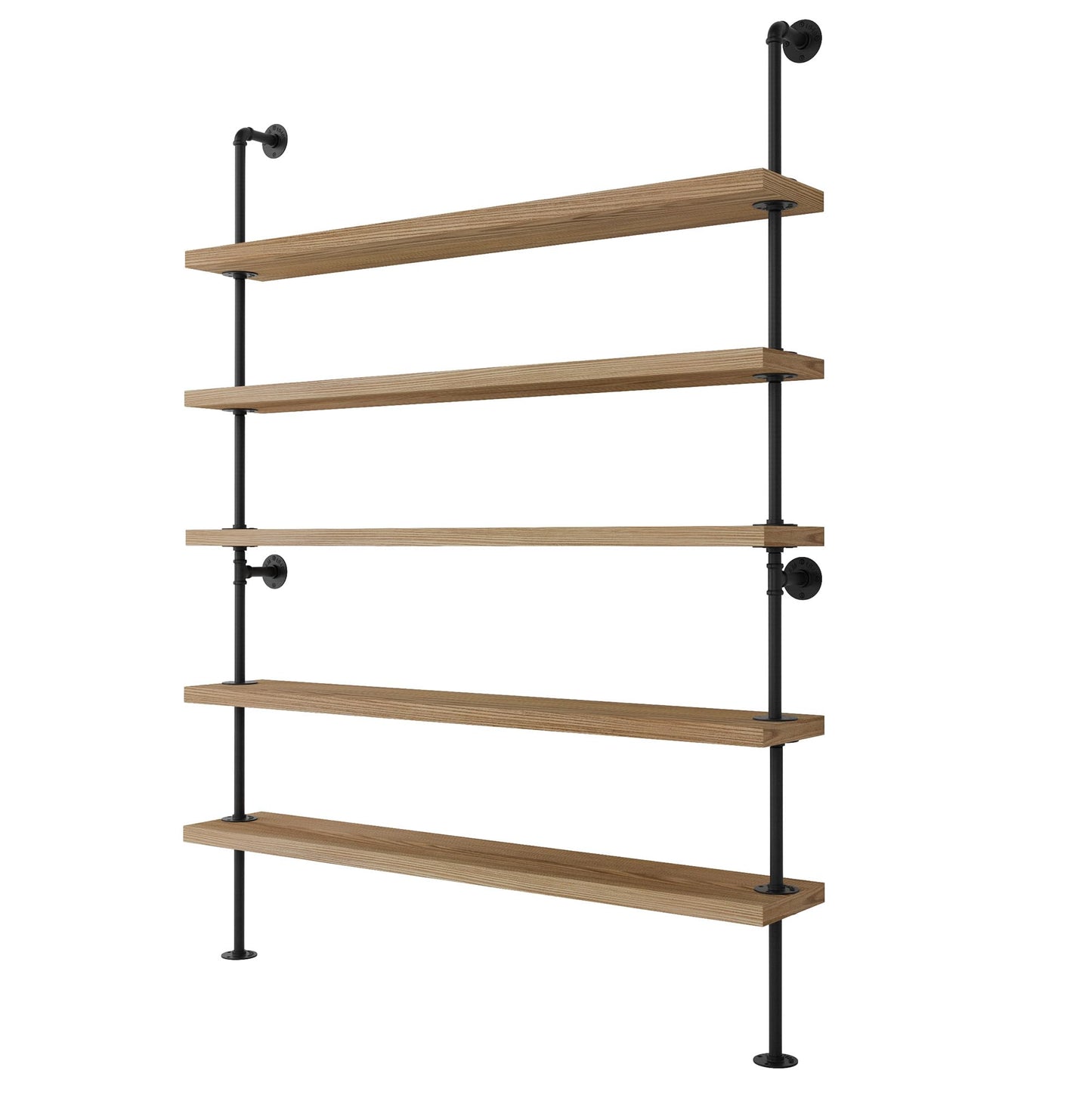 Wallniture 60" Long 5 Shelf Bookcase with 9.25" Deep and 1.5" Thick Real Solid Wood Boards, Standing Bookshelf with Pipe Style Wall Support - 5 Tier - Burnt
