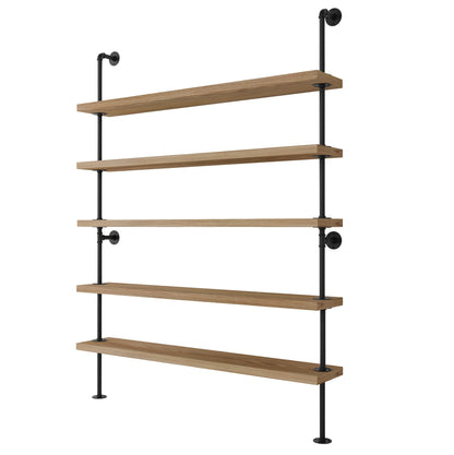Wallniture 60" Long 5 Shelf Bookcase with 9.25" Deep and 1.5" Thick Real Solid Wood Boards, Standing Bookshelf with Pipe Style Wall Support - 5 Tier - Burnt