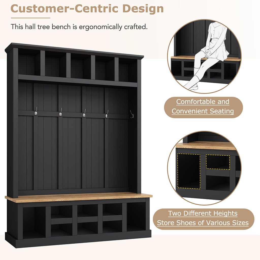 Hall Tree with Bench and Shoe Storage, 3-in-1 Entryway Furniture with Shoe Bench, 13 Open Compartments and 6 Hooks, Multifunction Hall Tree for Hallway, Entryway, Bedroom, 18"D x 59"W x 78.8"H,Black