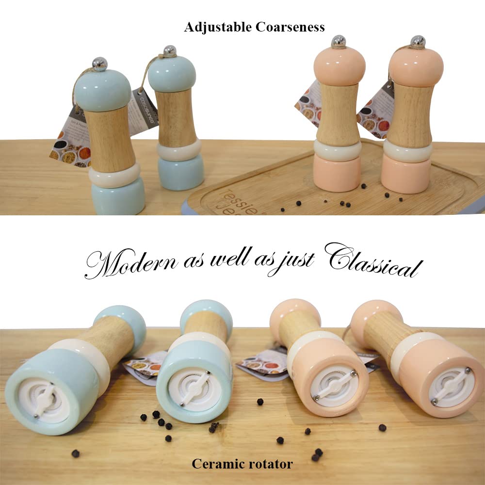 CASASUNCO Manual Salt and Pepper Grinder Set Salt & Pepper Mill Sets Wooden Salt Pepper Grinder Set Salt & Pepper Shakers Gift Set- Customized Coarseness - Ceramic Core - Blue (Set of 2, 6")