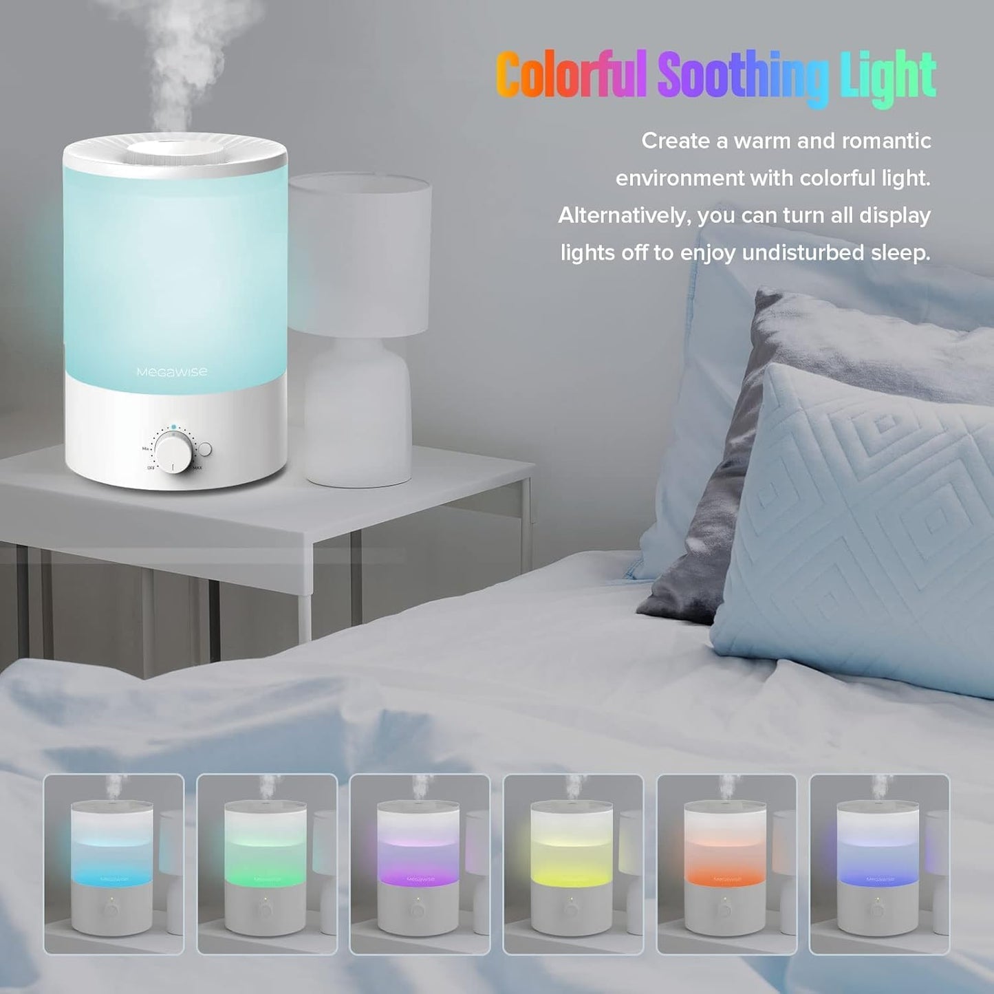 MEGAWISE 3.5L Cool Mist Humidifier – Ultra-Quiet Ultrasonic Vaporizer with Top-Fill Design, Essential Oil Diffuser, 7-Color Night Light & Auto Shut-Off