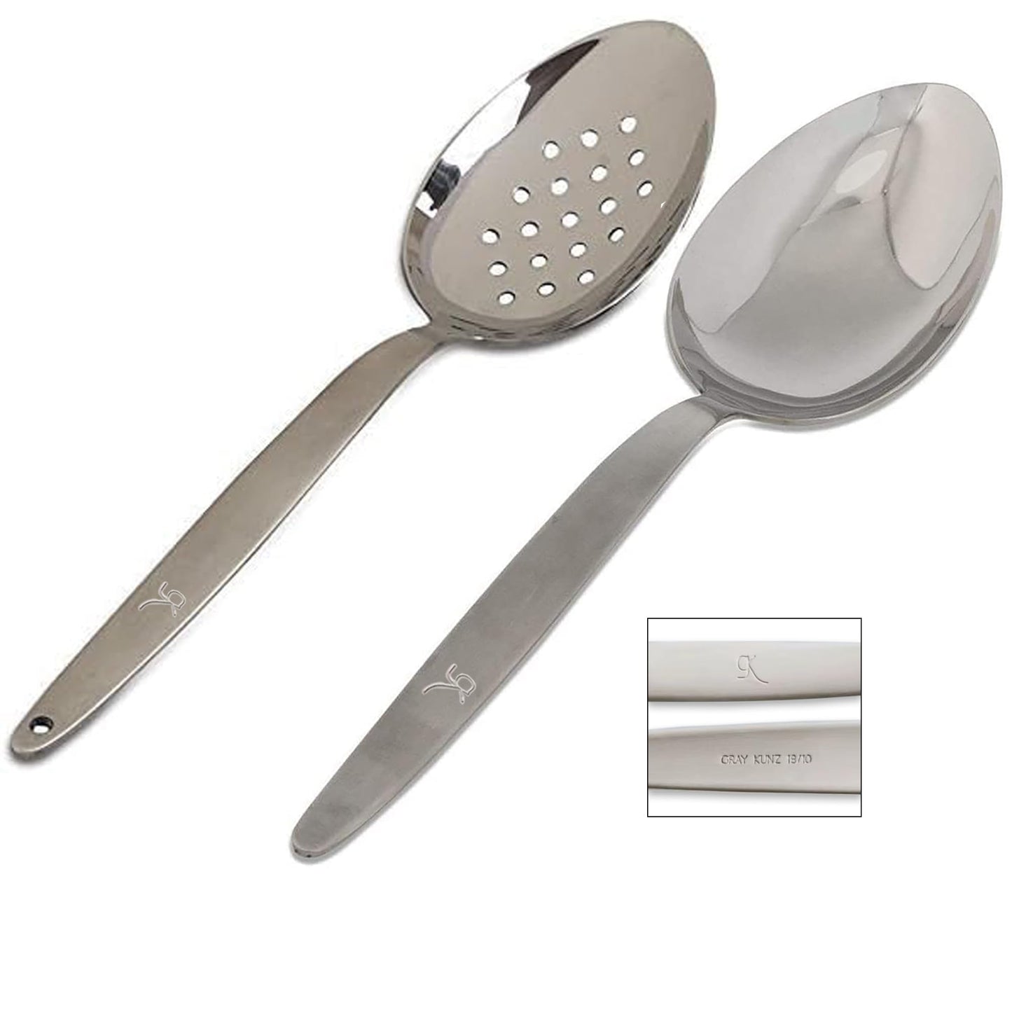 BNAZIND Kunz Perforated and Regular Set | Pack of 2 | 9 Inch 18/10 Stainless Steel Cooking Serving Spoon | Daily Chef, Basting, Quenelle, Saucing, Plating Spoon | Dishwasher safe