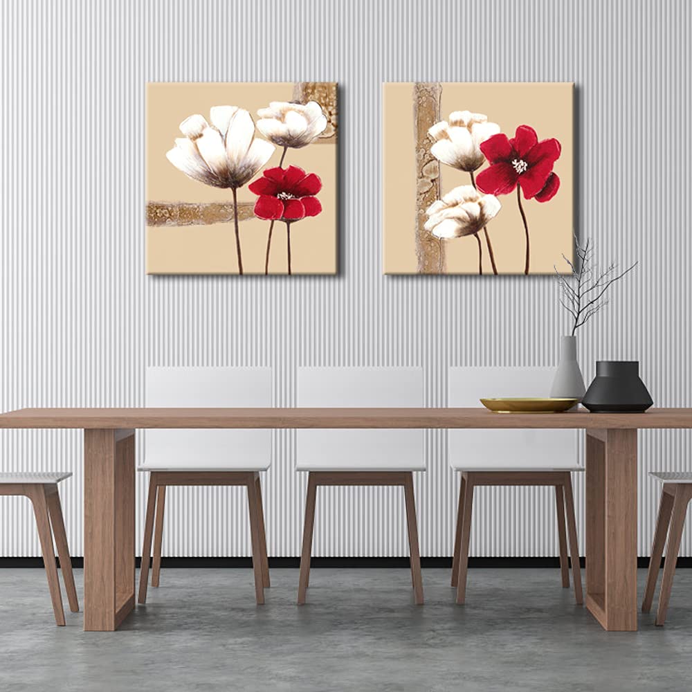 Wieco Art Red and White Flowers Canvas Prints Wall Art Abstract Floral Oil Paintings Style Pictures for Living Room Bedroom Bathroom Home Decorations 2 Piece Modern Stretched and Framed Grace Artwork