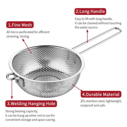 Stainless Steel Colander with Handle, Fine Mesh Strainer Kitchen Food Strainer, Large Metal Colander Great for Pasta, Noodles, Vegetables and Fruits(COLOR:Silver)