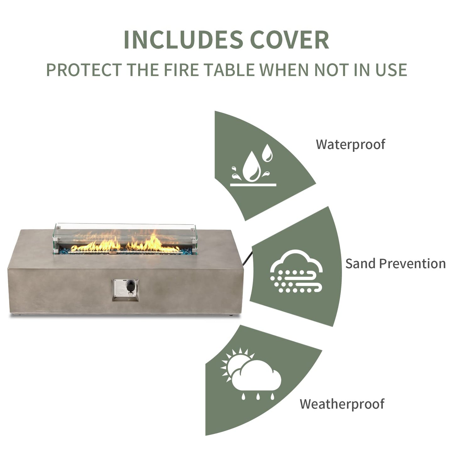 COSIEST Outdoor Propane Fire Pit Table, 56-inch x 28-inch Rectangle Gray Concrete-Like Finish, Certified, 50,000 BTU Stainless Steel Burner w Blue Fire Glass, Wind Guard, Raincover