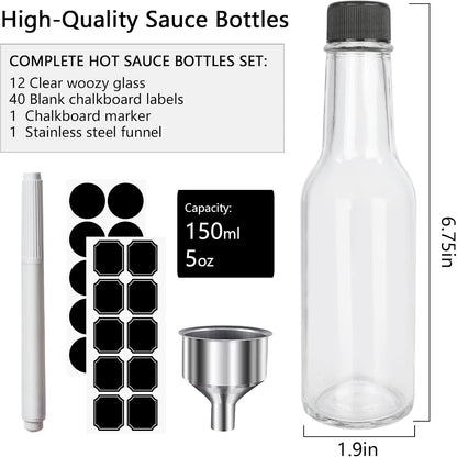 12 5 oz/ 150 ml pcs Hot Sauce Glass Bottles with Leak Proof Screw Cap,Orifice Reducer Dripper Insert, Clear Oil Bottle