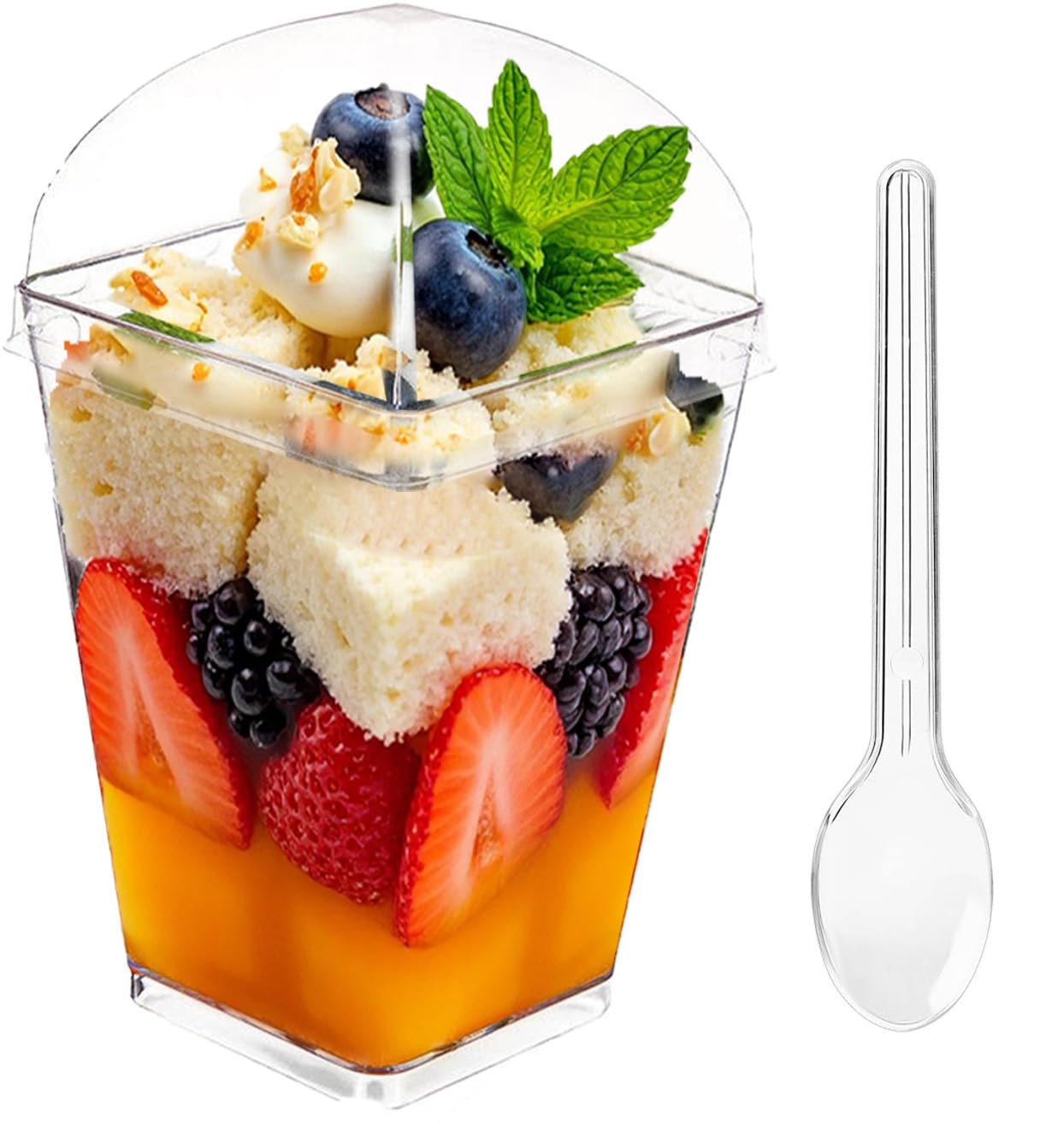 XCRUI 100Pack 5oz Dessert Cups with Lids and Spoons,Plastic Parfait Appetizer Cup,Disposable Plastic Cups, Great for Desserts, Appetizers, Puddings, Mousse