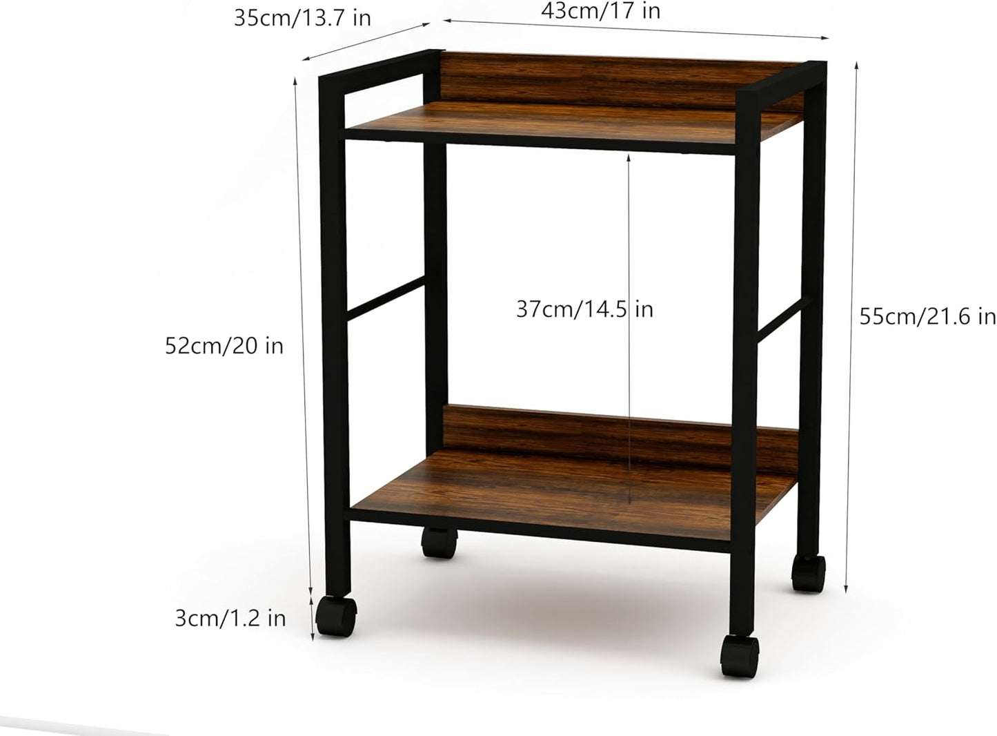 2-Tier Rolling Utility Cart Night Stand Organizer with Brown Wood Shelves and Black Metal Frame, End Side Table Storage