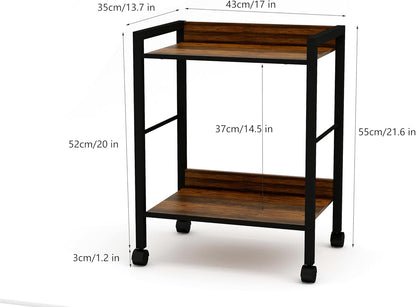 2-Tier Rolling Utility Cart Night Stand Organizer with Brown Wood Shelves and Black Metal Frame, End Side Table Storage