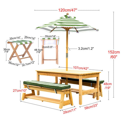 LLZJDDPLY Kids Wooden Picnic Table, Outdoor Activity Dining Table w/Adjustable Collapsible Umbrella, Children Backyard Furniture, for Patio, Garden(Green)