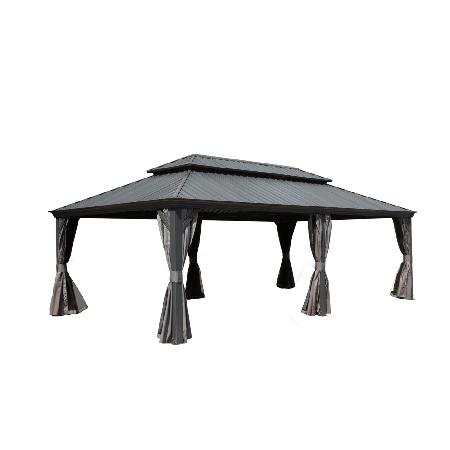 GOWE 14x22FT Hardtop Gazebo, Outdoor Gazebo with Galvanized Steel Double Roof, Aluminum Frame, Built-in Gutter System, Curtain and Netting, Metal Gazebo Pavilion for Patio Deck Garden, Grey