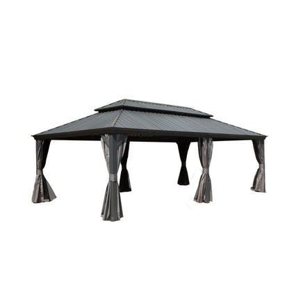 Ginkartu Hardtop Gazebo, Outdoor Gazebo with Galvanized Steel Double Roof, Aluminum Frame, Built-in Gutter System, Curtain and Netting, Metal Gazebo Pavilion for Patio Deck Garden, Grey