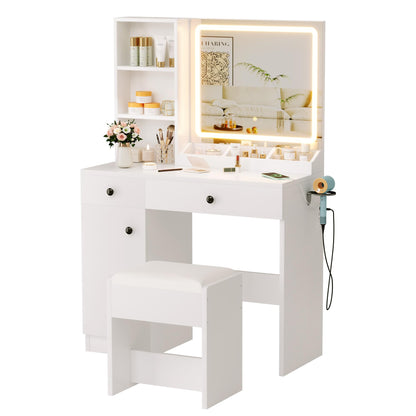 KAMABOKO Vanity Desk with Mirror and Lights, Makeup Vanity Table with Drawers & Shelves, Power Outlet, Dressing Table with Jewelry Storage for Bedroom (007 White)