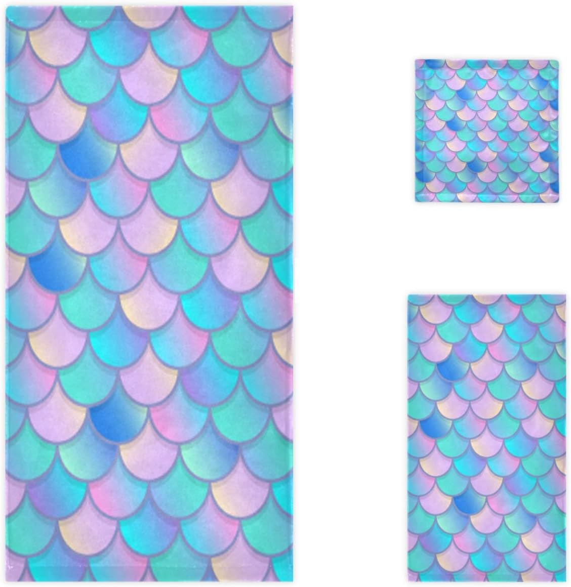 Naanle Set 3 1 Towel+1 Towel+1 Colors Mermaid Scales Pattern Soft Luxury Decorative of Towels, Bath Hand Washcloth