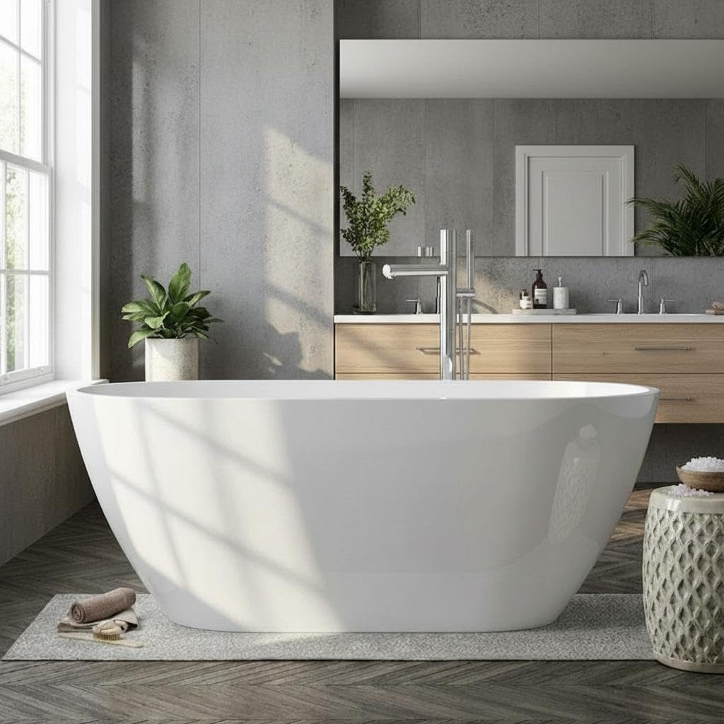59'' Acrylic Free Standing Soaking Tub, Double-Walled Insulated Freestanding Bathtub with Ergonomic Deep Design, Glossy White, Matte Drain, Black Overflow, cUPC Certified Stand Alone Tub
