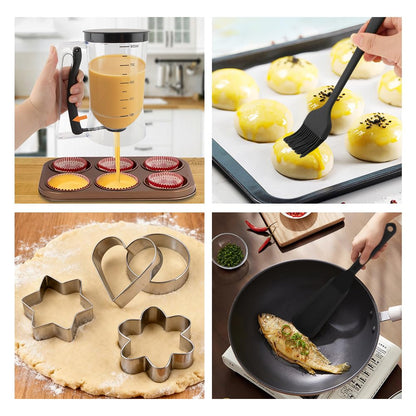 Pancake Batter Dispenser With Squeeze Handle Set, No Mess & Easy Pour, Includes Muffin, Hexagram, Heart and Flower Rings, Pastry Brush and Spatula – Ideal for Pancakes, Waffles and Cupcakes