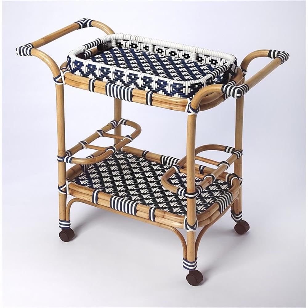 Beaumont Lane Rattan Bar Cart, Blue and White Finish, PE Plastic Weave with Casters, Removable Tray, 34.5 in Wide, Transitional Style Serving Cart for Entertaining