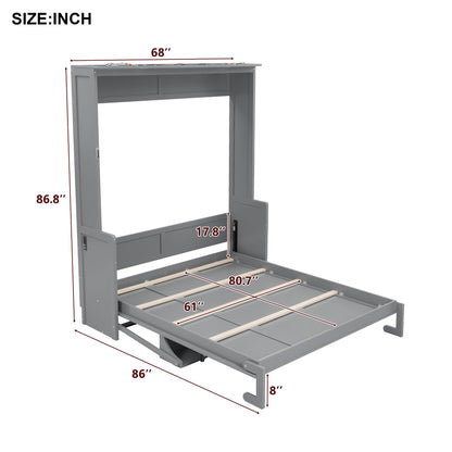 Ball & Cast Queen Size Murphy Bed with Desk,Hideaway Beds w/LED Lights and USB Charging Station,Wood Wall Cabinets Bedframe,Slat Support,Dual Piston Metal Folding Mechanism Designed,Gray