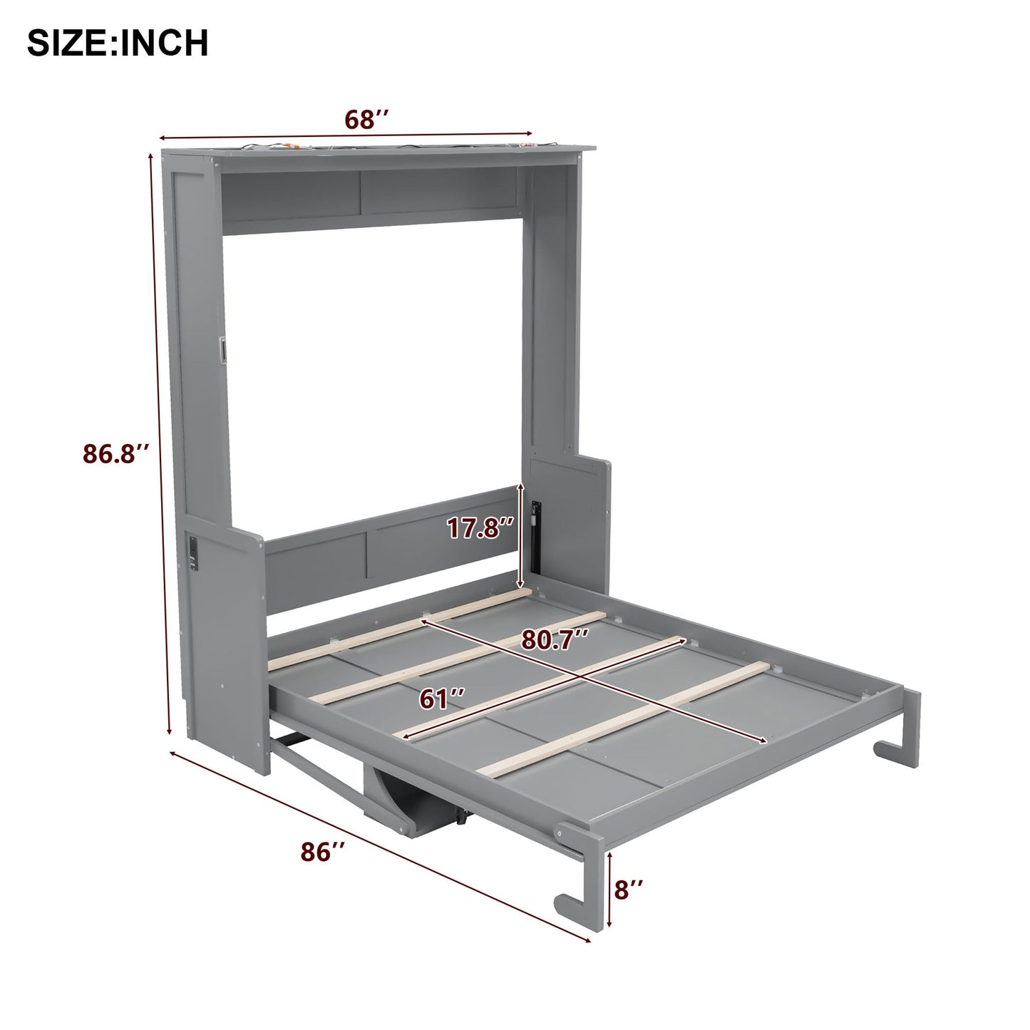 Ball & Cast Queen Size Murphy Bed with Desk,Hideaway Beds w/LED Lights and USB Charging Station,Wood Wall Cabinets Bedframe,Slat Support,Dual Piston Metal Folding Mechanism Designed,Gray