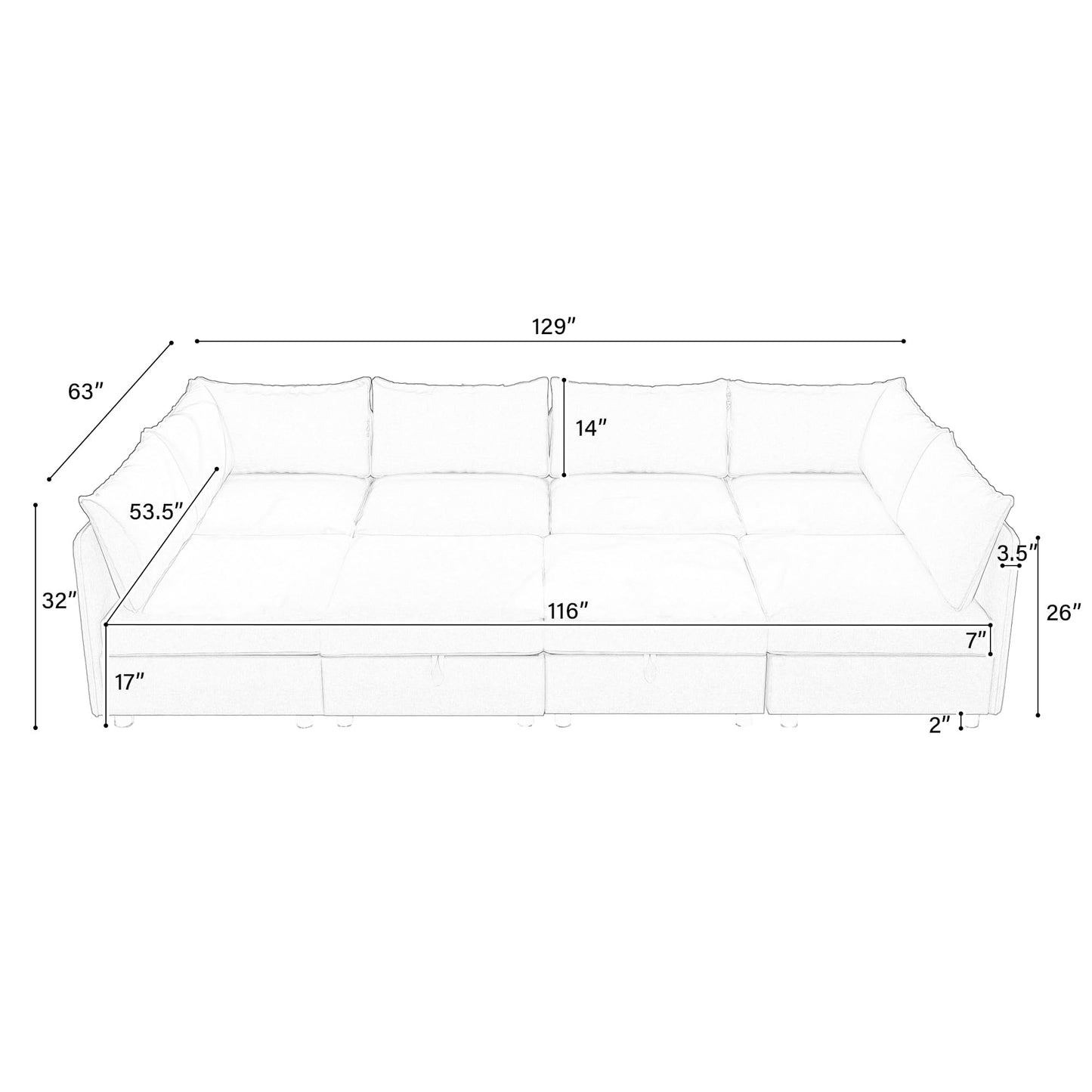 129-Inch Oversized 8 Seat Modular Cloud Sofa Deep Seat Storage Sectional Sofa Couch Free Combination W/Movable Ottomans,L/U Shaped Chenille Upholstered Convertible Sleeper Couch for Home Apartment