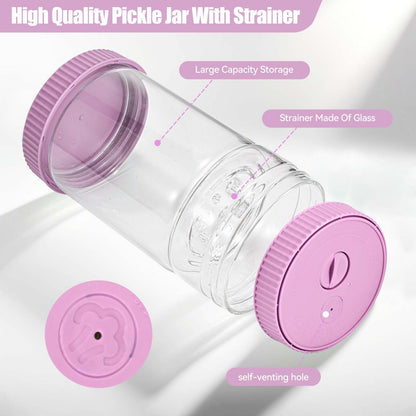 LIVSGNISTA Upgraded 40oz Glass Pickle Jar with Time Tracker–Pickle Container with Strainer Flip Leak-Proof,Auto Venting,Easy Clean Design Hourglass Pickle Juice Separator(Purple)