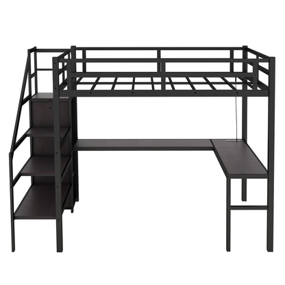 Heavy Duty Metal Loft Bed with Twin XL Size, Desk, Wardrobe & Storage Stairs, LED Charging Station, Space Saving for Kids, Teens & Adults - Black