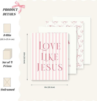 LARTSFRO Coquette Pink Bow Wall Art - Inspirational Christian Decor for Bedroom & Dorm | Set of 4 Unframed 10x8 Inch Prints