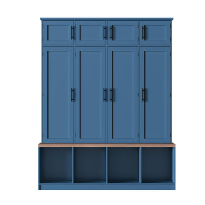 Hall Tree with Bench and Shoe Storage Compartments for Entryway, Particle Board Multi-Functional Cabinet with 4 Hanging Hooks, Blue