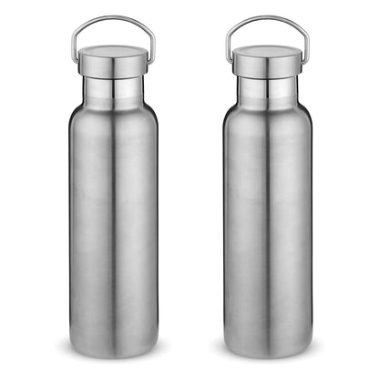 Neihepal 20 oz Insulated Water Bottles Bulk 2 Pack,Stainless Steel Double Wall Sport Bottle with Lid of Handle,Metal Reusable Thermoses Flask with Cup Cap for School,Cyclists,Gift (Silver,Set of 2)