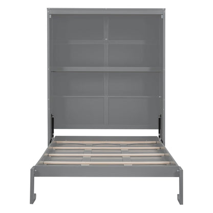 Ball & Cast Full Size Murphy Bed Wall Bed with Shelves and Mattress Holder,Wood Hideaway Cabinet Chest w/Slat Support,can be Folded,for Small Room,Dorms,Gray