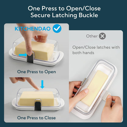 KITCHENDAO Large One-handed Butter Dish with Lid for Countertop, Airtight Butter Holder with One Press to Open/Close Secure Latching Buckle for East Coast/West Coast/European/Kerrygold Butter(White)