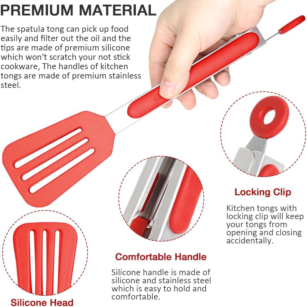 9 Inch Small Kitchen Tongs, Set of 3 Silicone Cooking Tongs with Stainless Steel Handle for Cooking, Serving (Red)