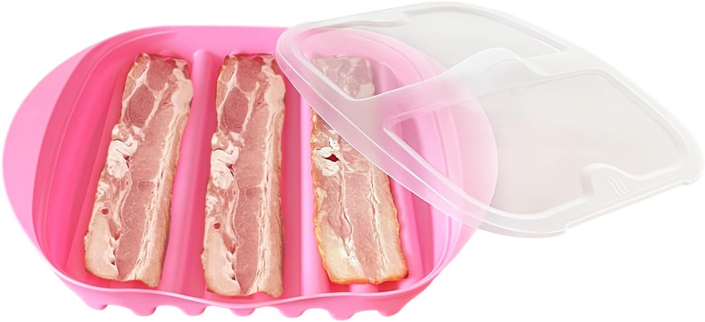 Microwave Bacon Tray with Splatter Lid, Quick and No Mess, Cooker for Crispy Bacon in Minutes, Pink