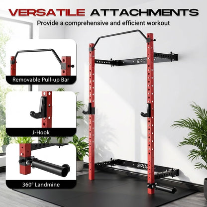 Folding Squat Rack for Home Gym – 1000 LBS Capacity Wall Mounted Power Rack with Pull-Up Bar, j-Hooks & Landmine | 2.36" x 2.36" Heavy-Duty Steel, Space-Saving Foldable Squat Cage for Home Garage