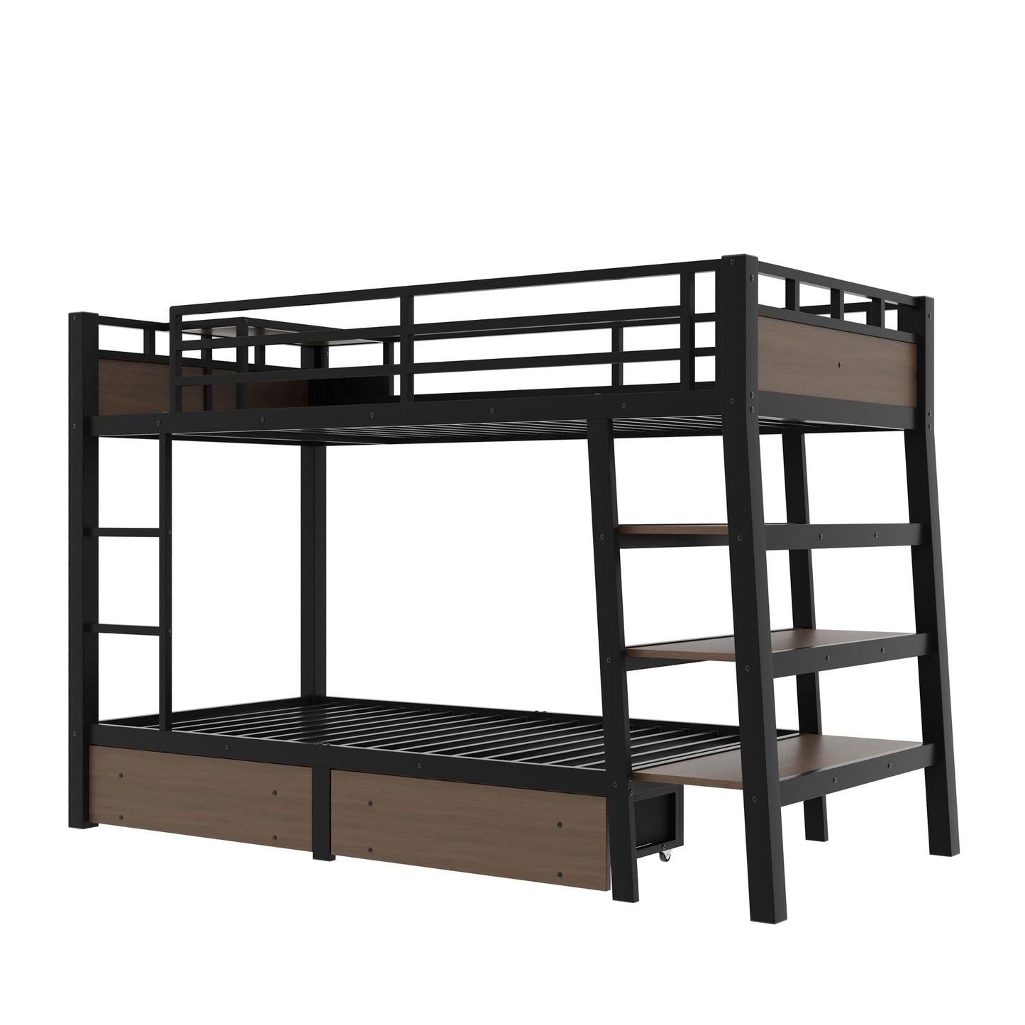 Bellemave Twin Size Bunk Bed with Storage Drawers and 3-Tier Shelves, Twin Bunk Bed with Charging Station and Lights, Heavy Duty Metal Bunk Beds for Teen, Adults