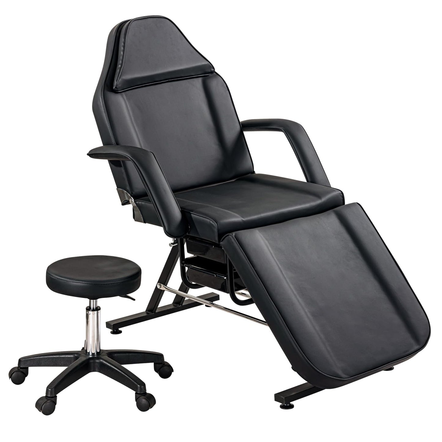Massage Salon Tattoo Chair with Two Trays Esthetician Bed with Hydraulic Stool,Multi-Purpose 3-Section Facial Bed Table, Adjustable Beauty Barber Spa Beauty Equipment, Black