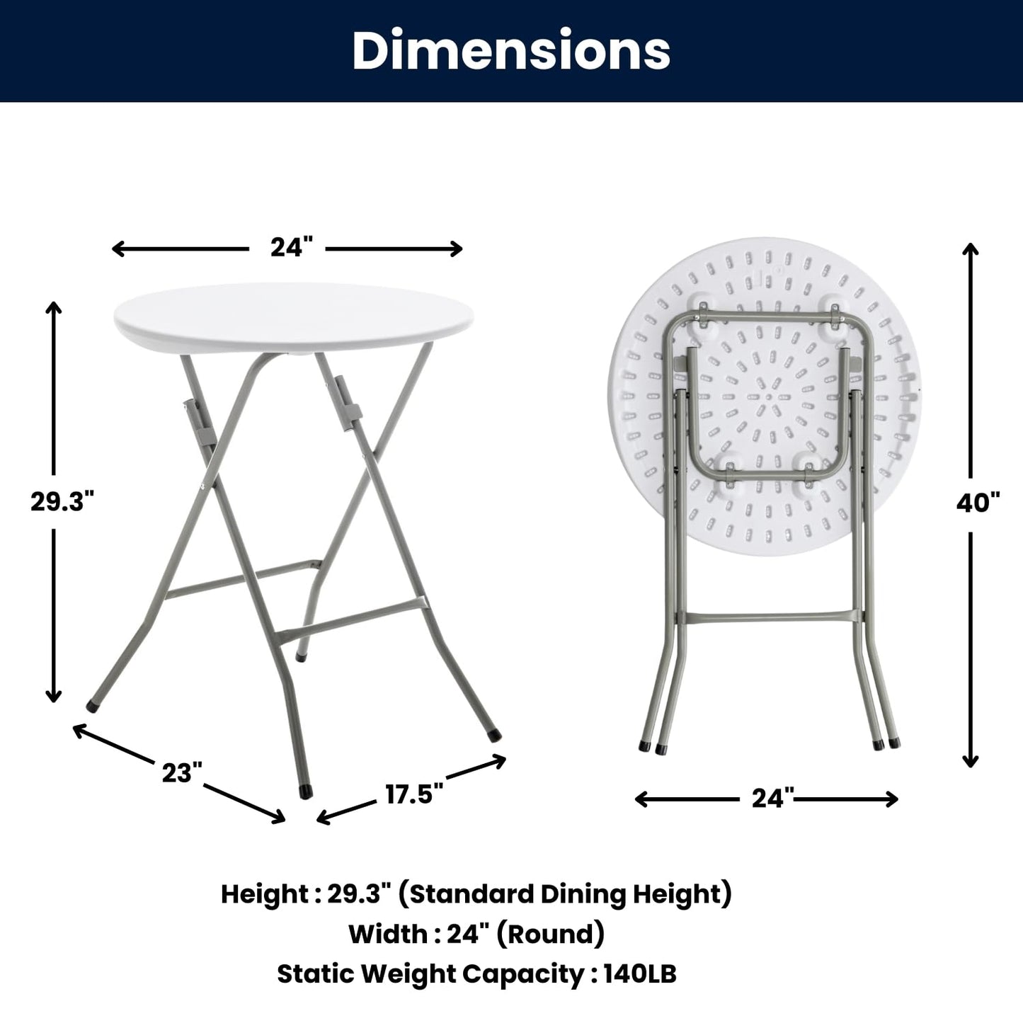 BTEXPERT Set of 10, White 24" Round Plastic Folding Table Commercial Portable for Picnic Party Camping Banquet Card Dining Wedding Event Home Kitchen Indoor Outdoor, 30" Height