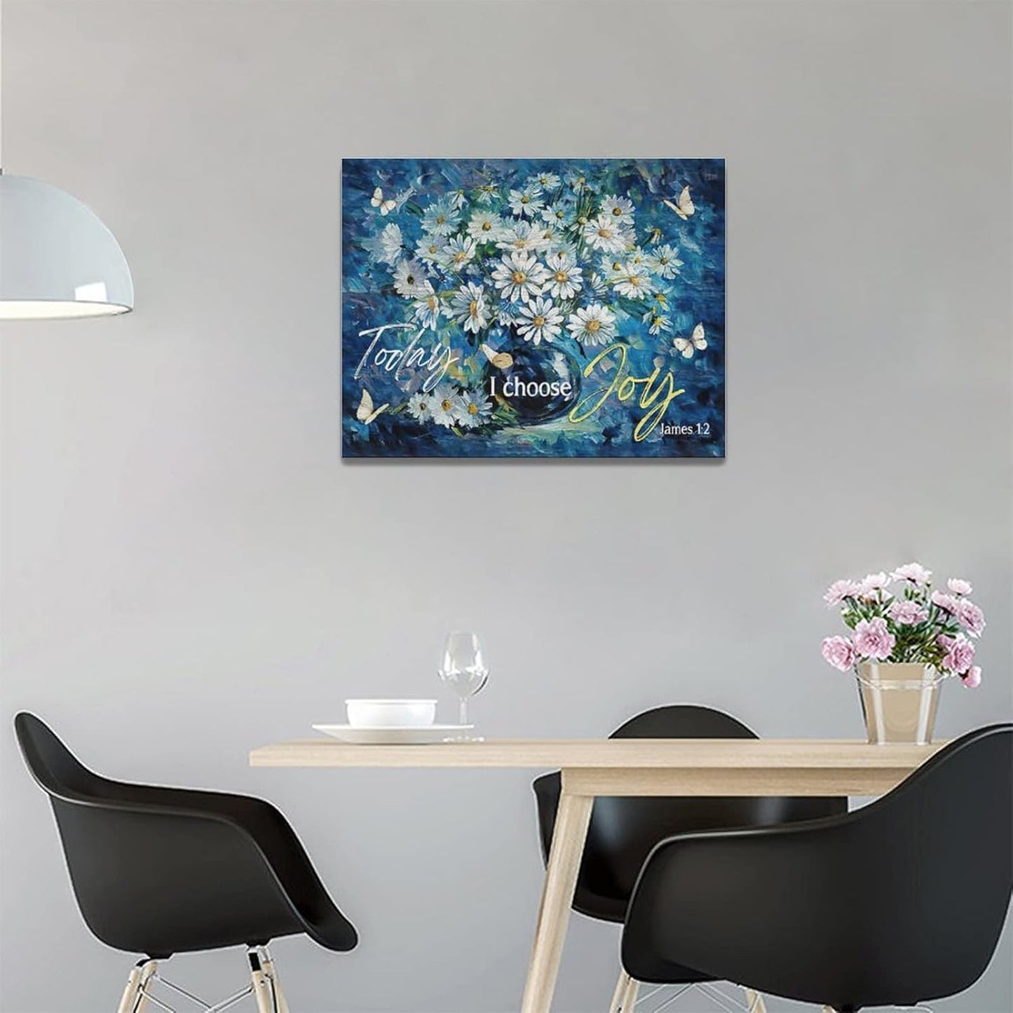 Farmhouse Navy Blue Daisy Flower Decor, Rustic Floral Butterfly Wall Art Canvas Painting Prints for Bathroom Bedroom