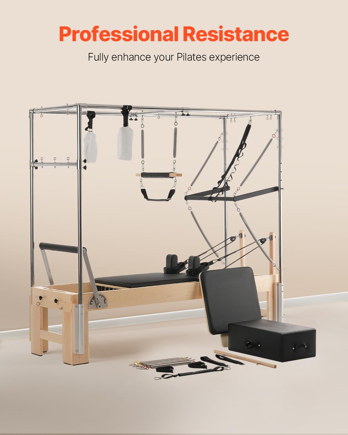 VEVOR Pilates Reformer, Wooden Pilates Machine for Home Gym Studio, Strength Training Workout Equipment with Dual Resistance, Reformer Box, Jump Board, for Advanced Users and Beginners, Up to 400 LBS
