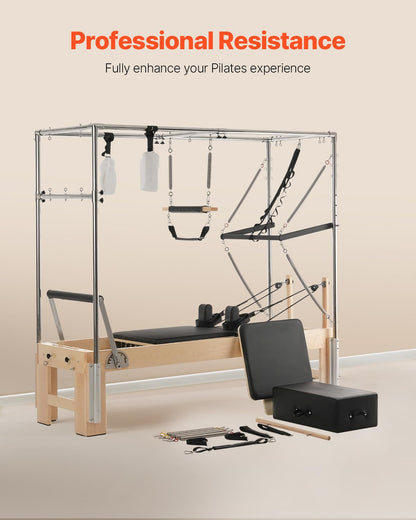 VEVOR Pilates Reformer, Wooden Pilates Machine for Home Gym Studio, Strength Training Workout Equipment with Dual Resistance, Reformer Box, Jump Board, for Advanced Users and Beginners, Up to 400 LBS