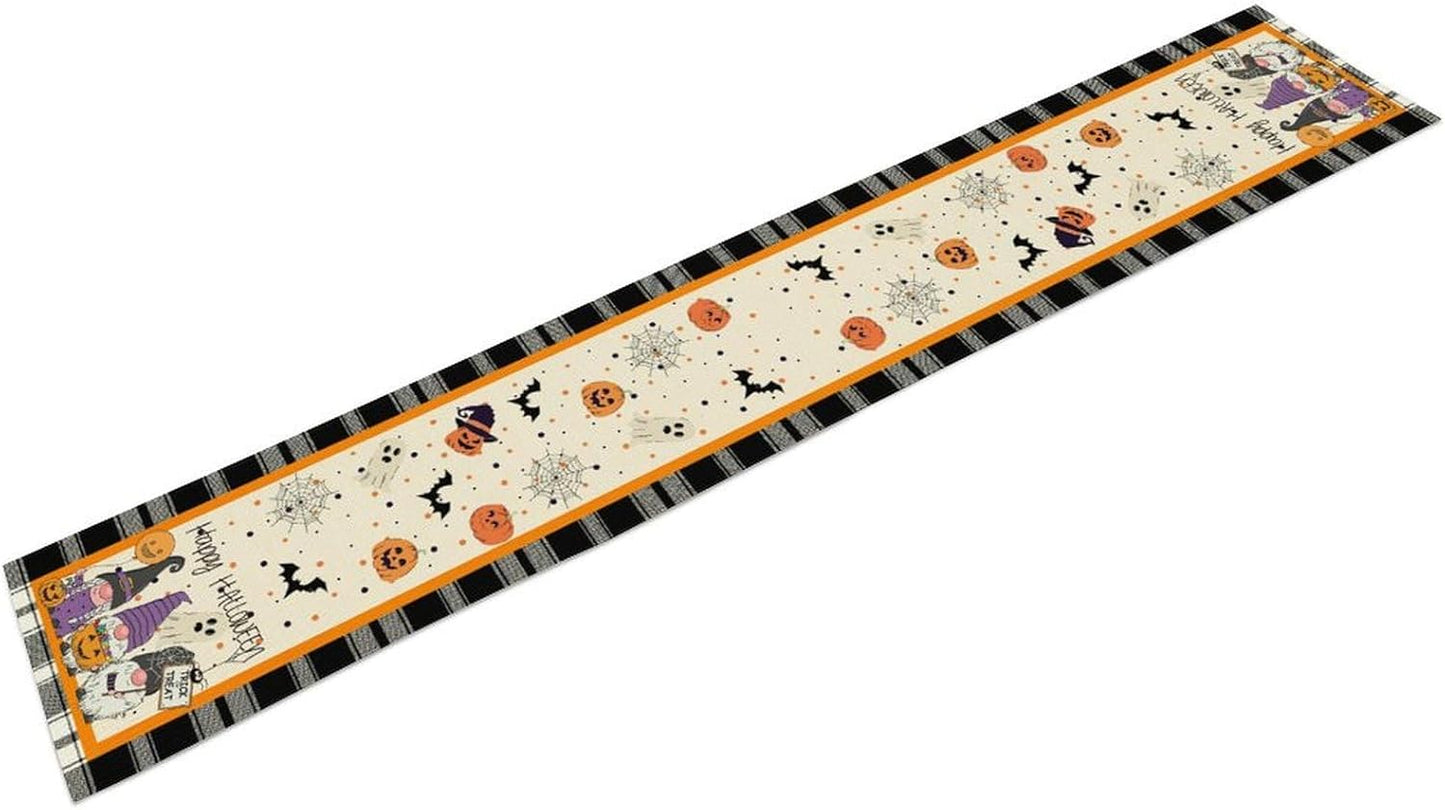 Nitmbi 13x72inch Halloween Table Runner,Buffalo Plaid Gnome Bat Pumpkin Ghost Pattern Retro Table Runner for Coffee